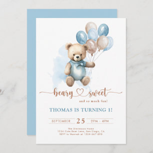 Boy Beary Sweet 1st Birthday Teddy Bear Blue Brown Invitation