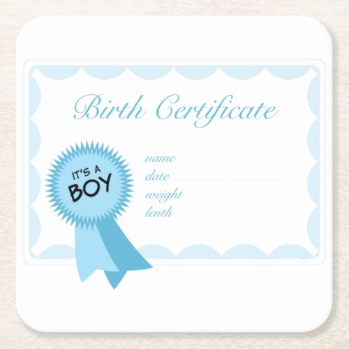 Boy Birth Certificate Square Paper Coaster