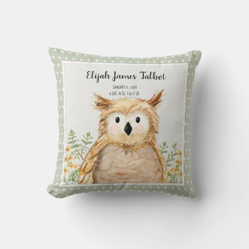 Boy Birth Stat Wise Owl Watercolor Woodland Animal Throw Pillow