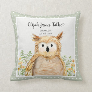 Boy Birth Stat Wise Owl Watercolor Woodland Animal Throw Pillow