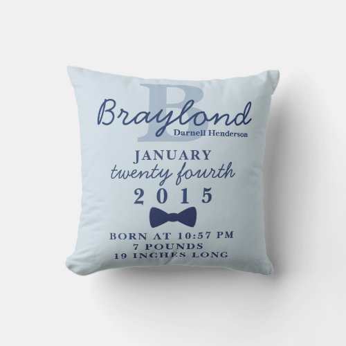 Boy Birth Stats Pillow _ Blue Bow Tie