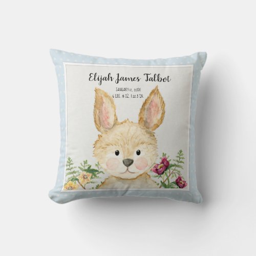 Boy Birth Stats Rabbit Watercolor Woodland Animal Throw Pillow