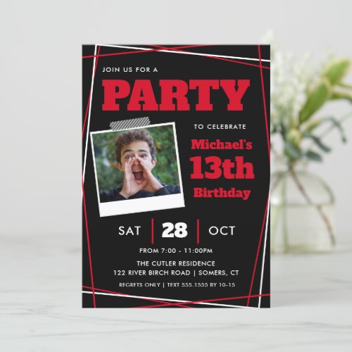 Boy Birthday 13Any Age Red Black Photpo Invitation