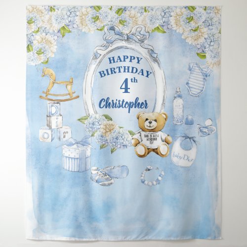 Boy Birthday Blue Flowers Teddy Bear Backdrop