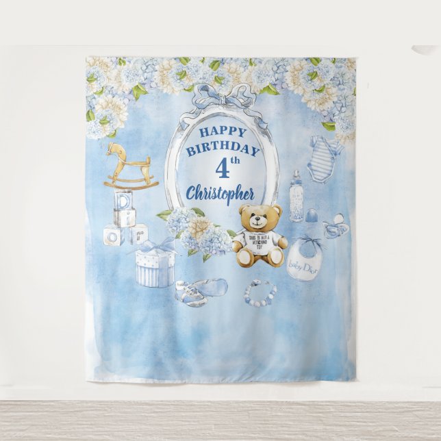 Boy Birthday Blue Flowers Teddy Bear Backdrop (Front)
