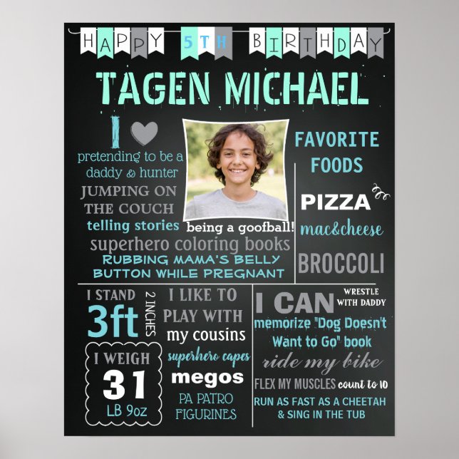 Boy Birthday chalkboard sign poster banner (Front)