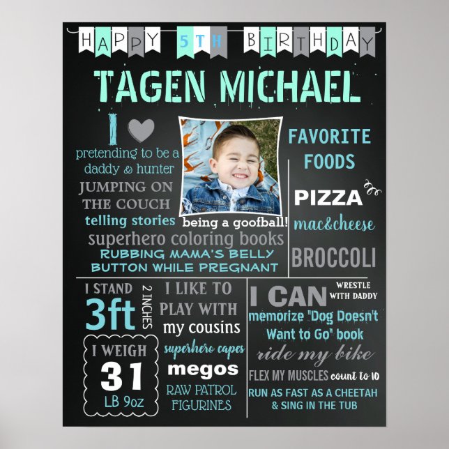 Boy Birthday chalkboard sign poster banner (Front)