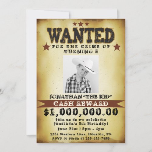 Boy Birthday Cowboy Wanted Poster Invitation