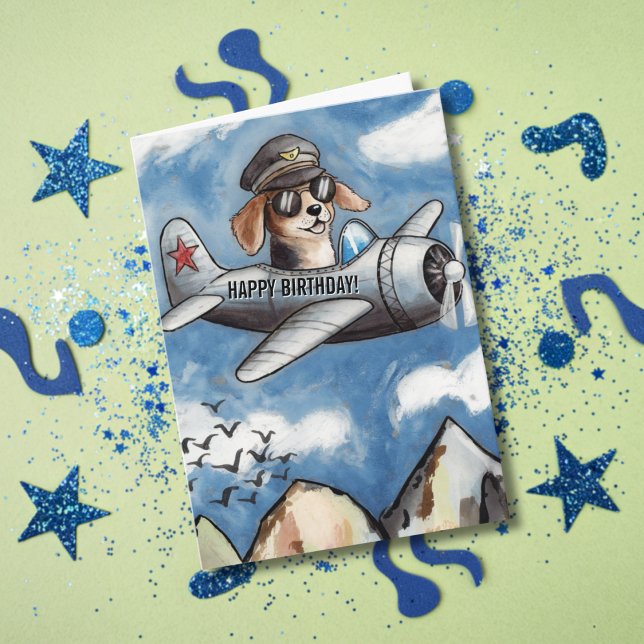 Boy Birthday Dog Airplane Clouds Mountains Funny Card (Creator Uploaded)