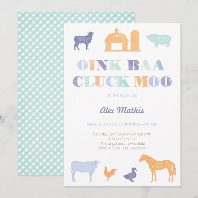 boy birthday invites, farm party, petting-zoo invitation (Front/Back)