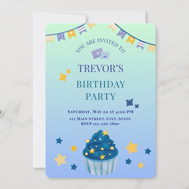 Boy Birthday Party Blue Green Gradient Invitation (Front)