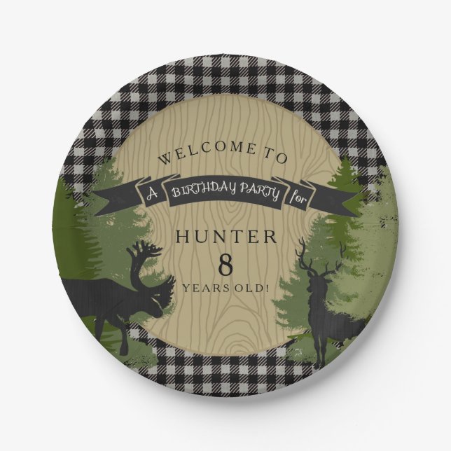 Boy Birthday Party Rustic Black Deer Antler Tree Paper Plates (Front)