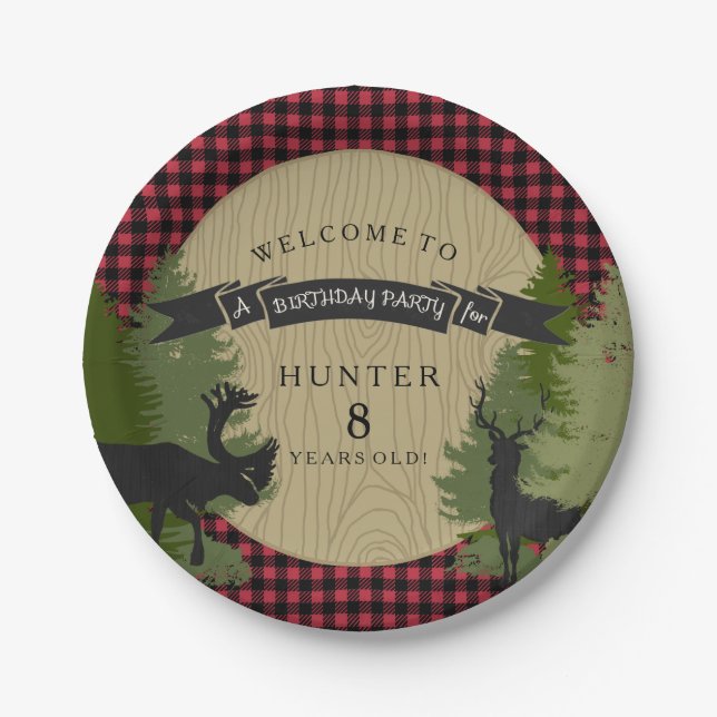 Boy Birthday Party Rustic Hunting Deer Antler Tree Paper Plates (Front)