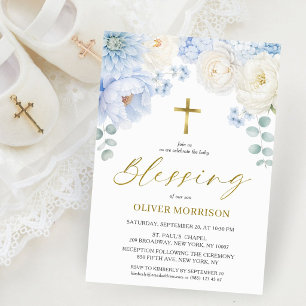 Boy Blessing Dusty Blue Floral Gold Elegant Invitation