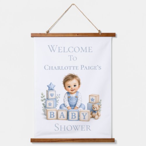 Boy Blocks Baby Shower Welcome Sign Hanging Tapestry