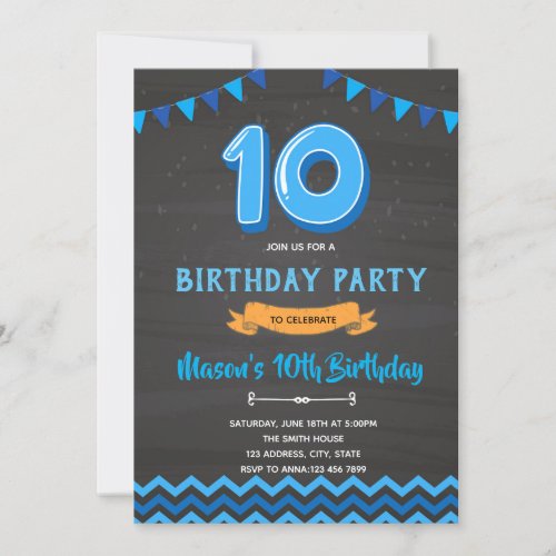 Boy blue 10th birthday invitation