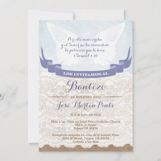 Boy Blue Angel Baptism Invitations in Spanish (Front)