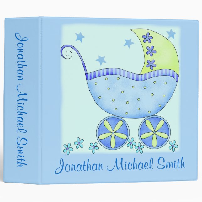 Boy Blue Baby Buggy Photo Custom Baby Book Album Binder (Front/Spine)