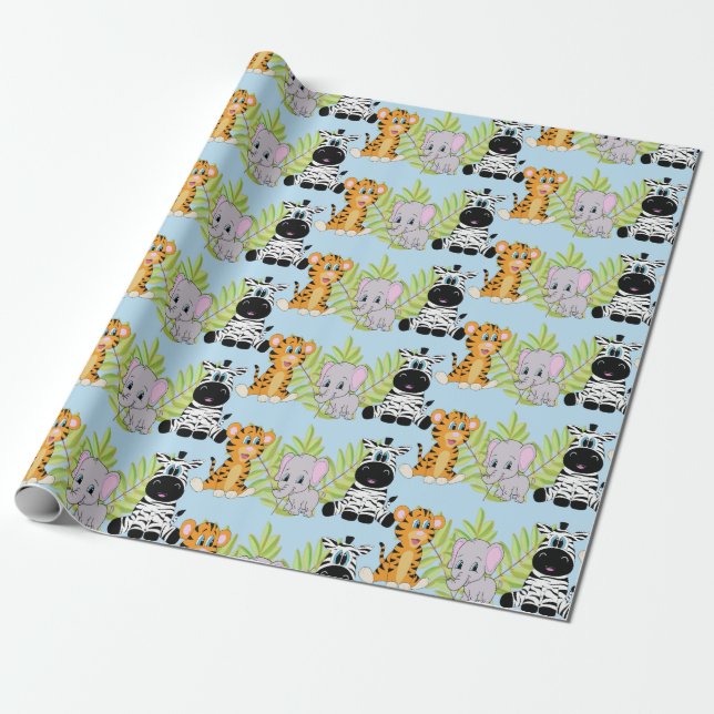 Boy Blue Baby Shower Cute Safari Jungle Animals Wrapping Paper (Unrolled)