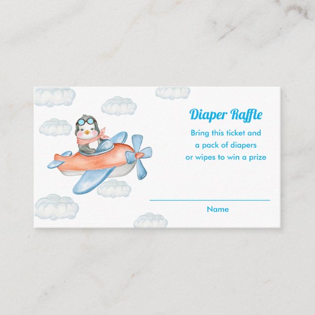 Boy Blue Baby Shower Penguin Animal Diaper Raffle Enclosure Card (Front)