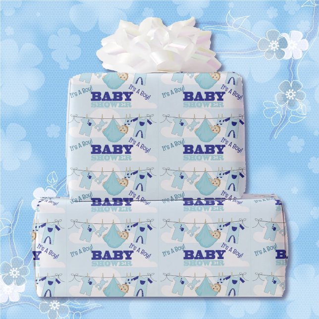 Boy Blue Baby Shower Personalize Name Text Wrapping Paper (Creator Uploaded)