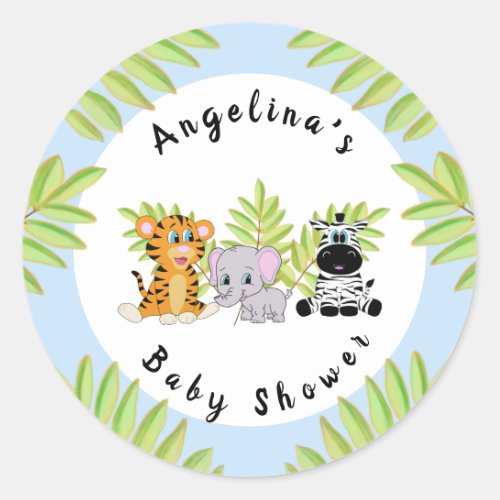 Boy Blue Baby Shower Safari Jungle Animals Classic Round Sticker