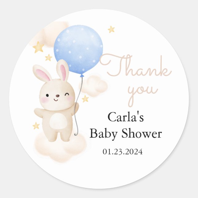 Boy Blue Balloon Cute Bunny Baby Shower Classic Round Sticker (Front)
