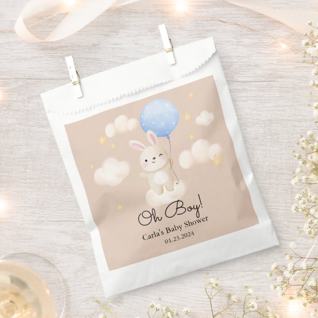 Boy Blue Balloon Cute Bunny Baby Shower Favor Bag (Clipped)