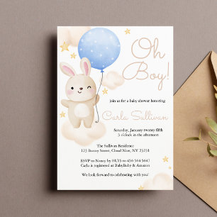Boy Blue Balloon Cute Bunny Baby Shower Invitation