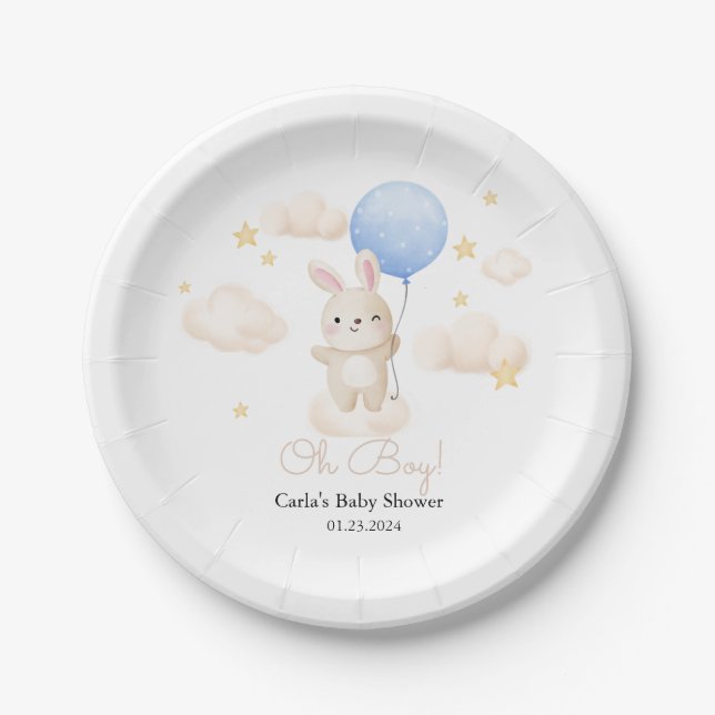 Boy Blue Balloon Cute Bunny Baby Shower  Paper Plates (Front)