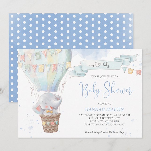 Boy Blue Balloon Cute Elephant Baby Shower Invitation (Front/Back)