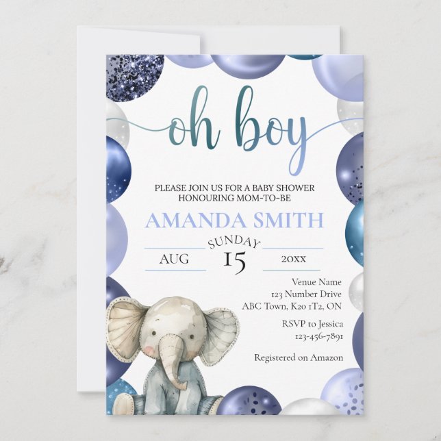 Boy Blue Balloon Cute Elephant Baby Shower Invite (Front)