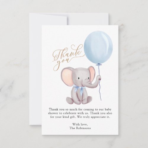 Boy Blue Balloon Cute Elephant Baby Shower Thank You Card