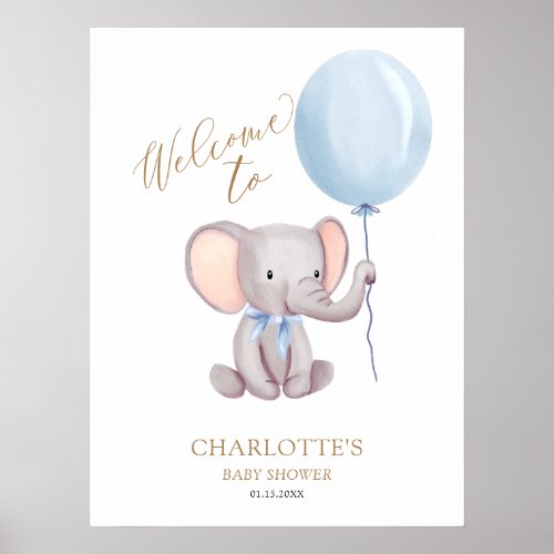 Boy Blue Balloon Elephant Baby Shower Welcome Poster