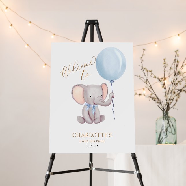 Boy Blue Balloon Elephant Baby Shower Welcome Sign (In Situ (Stand))