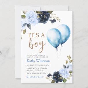 Boy Blue Balloon Floral Baby Shower Invitation