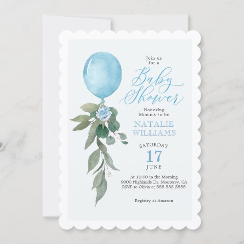 Boy Blue Balloon Greenery Baby Shower Invitation