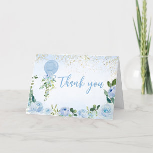 Boy Blue Balloon Greenery Baby Shower Letterpress Thank You Card