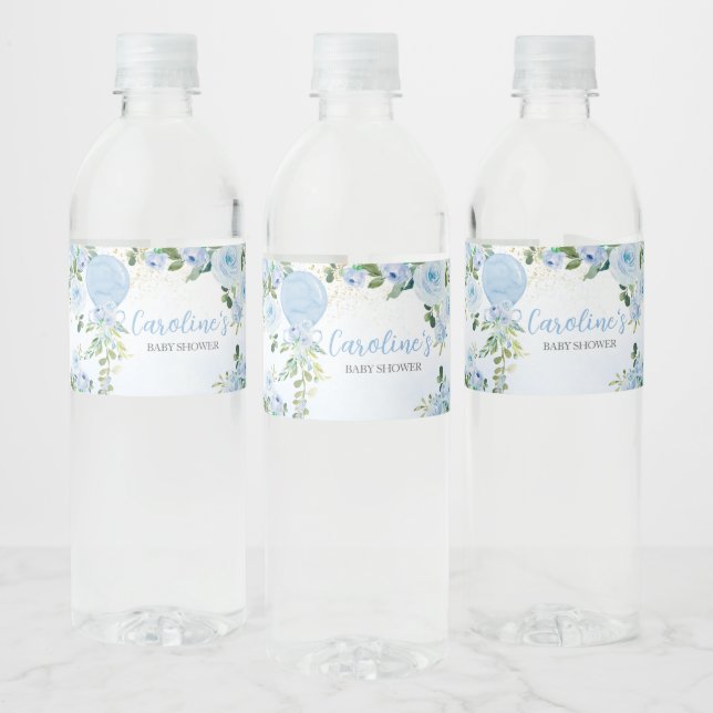 Boy Blue Balloon Greenery Baby Shower Water Bottle Label (Bottles)