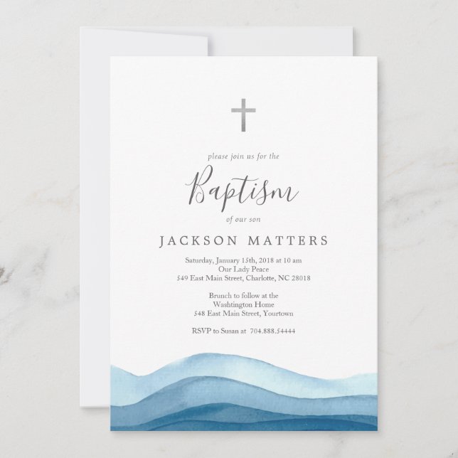 boy blue baptism invitation, first communion invitation (Front)