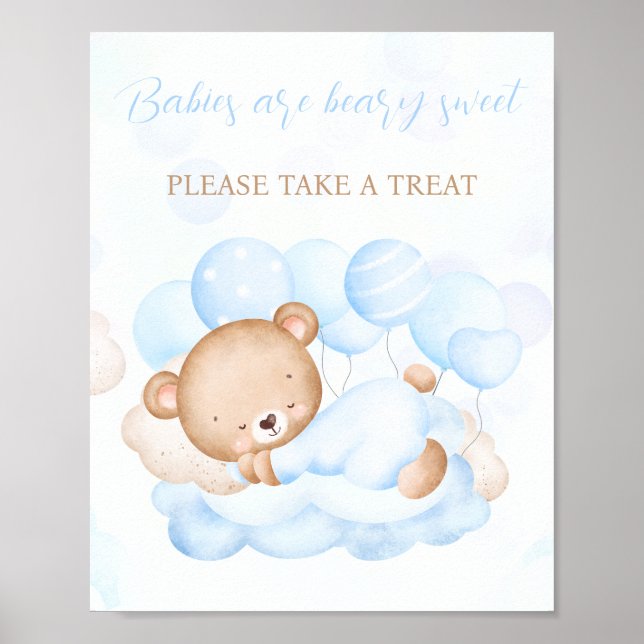Boy Blue Bear Baby Shower Favor Sign (Front)