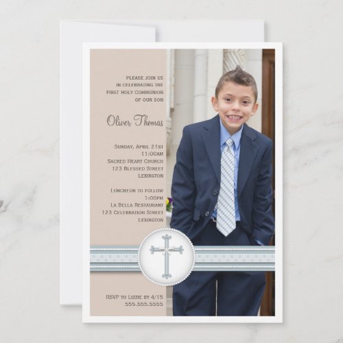 Boy Blue | Beige Photo Communion Invitation