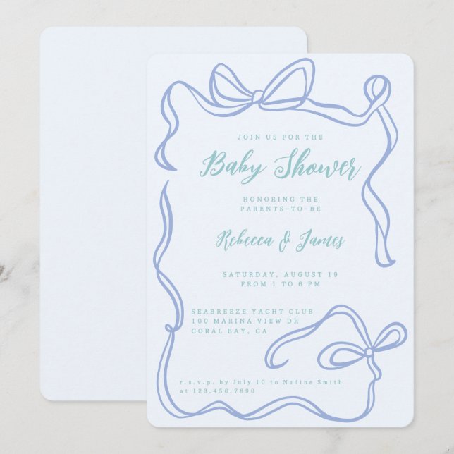 Boy Blue Bow Funky Hand-drawn Baby Shower Invitation (Front/Back)