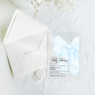 Boy Blue Bow Modern Elegant Baby Shower Acrylic Invitations