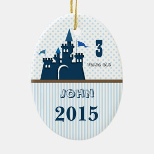 Boy Blue & Brown Castle Dot Stripes Photo on Back Ceramic Ornament