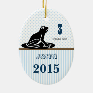 Boy Blue Brown Frog Dot Stripes Photo Christmas Ceramic Ornament