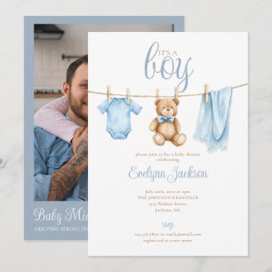 Boy Blue Clothesline Baby Shower Photo QR Code Invitation