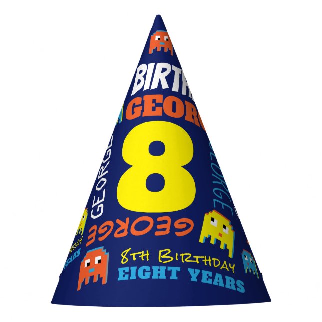 Boy blue colorful 8th gamer birthday  party hat (Front)