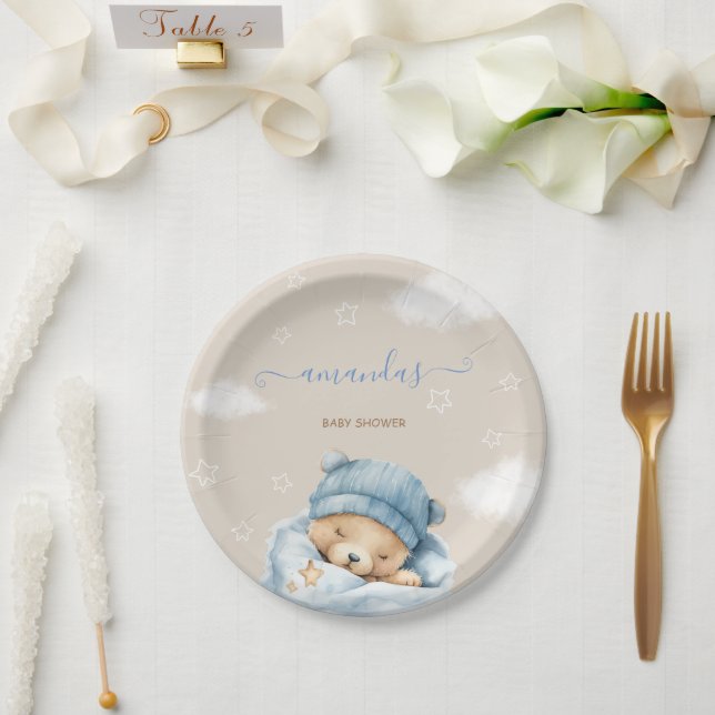 Boy Blue Cute Bear Baby Shower  Paper Plates (Wedding)