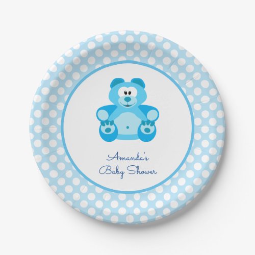 Boy Blue Cute Teddy Bear Baby Shower Paper Plate